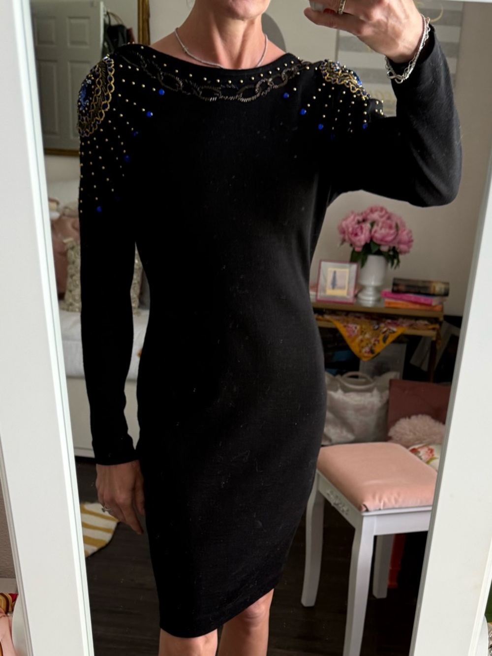 Vintage 80s Black Beaded Dress Open Back Glam Art Deco Cocktail Bodycon - Picture 3 of 10